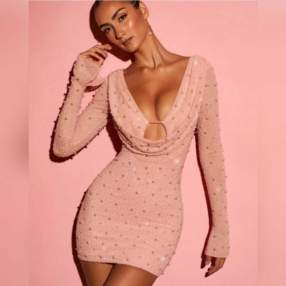 Size 4 OH POLLY - NICE long sleeve deep plunge mini Dress in rose